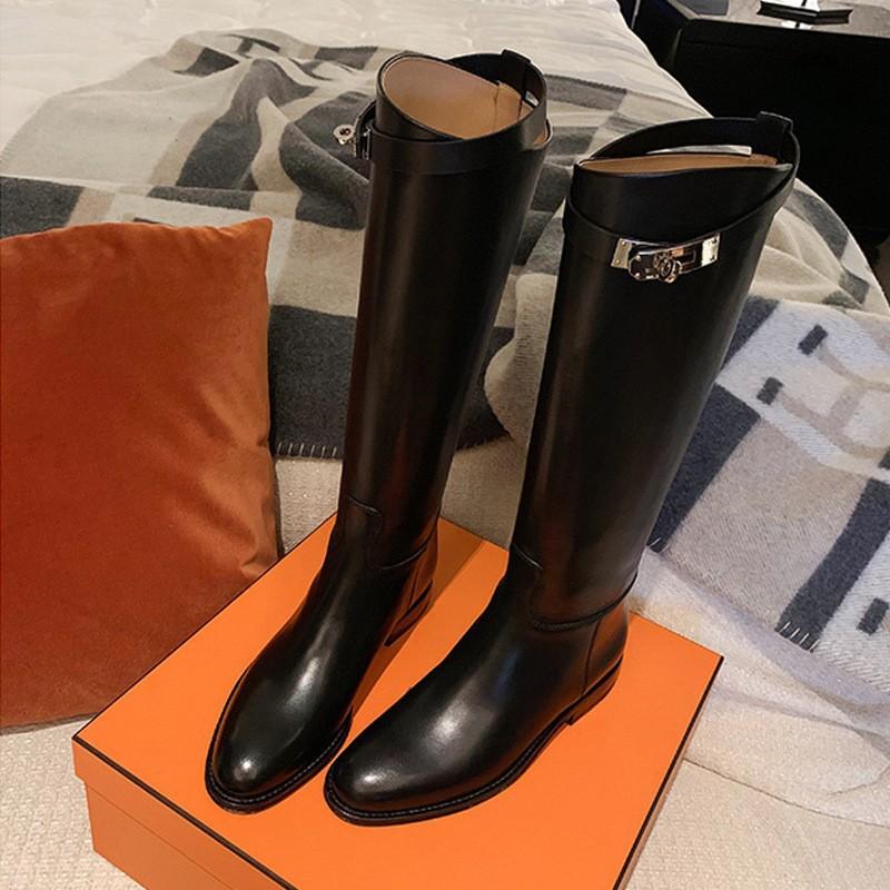 Cowhide Version~ Autumn and Winter New Pointed Thick Heel Knight Boots Commuting Medium and High Boots Women