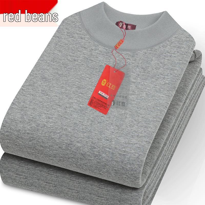 Men's Red Bean Warm Underwear Set: Plus Velvet Mid-Neck Top & Pants, Cotton Wool Sweater for Autumn/Winter