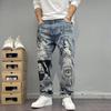 Spring Autumn Printed Straight Leg Sports Denim Pants Men's Loose Comfortable Plus Size Pants