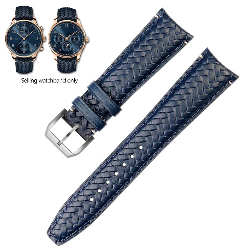 

Woven Cowhide Leather Watchband For IWC IW344205 Portuguese Chronograph Pilot Portofino Folding Buckle Strap 22mm Blue Black 20mm