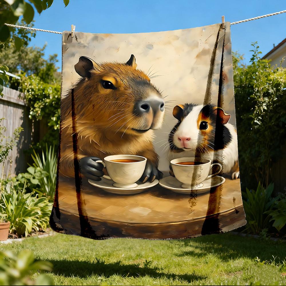 

1pc Cavy Tea Time Outdoor Flannel Blanket , Machine Washable Perfect Gift for Birthday , Holiday Travel Accessory , Durable Material 80x120cm