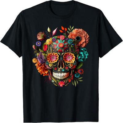 Colorful Mexican Skull Patterns Flowers Halloween Catrina T-Shirt