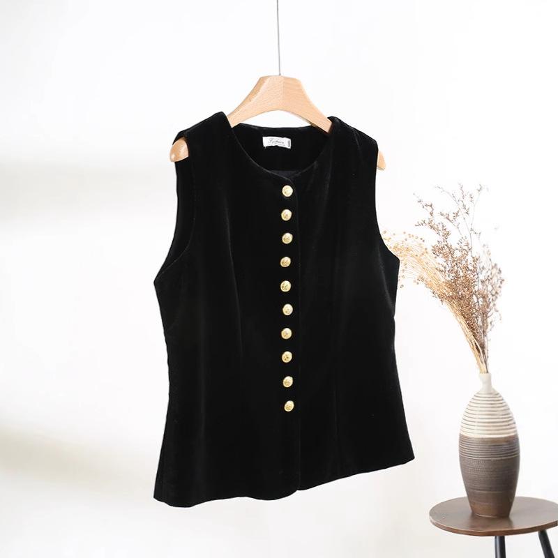 French retro fashionable vest top women's 2025 autumn new high-end velvet black vest
