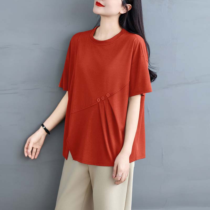 Dimanaf 2025 Summer Plus Size Tops Cotton O-Neck T-Shirt Solid Asymmetrical Women Short Sleeve Loose Tees