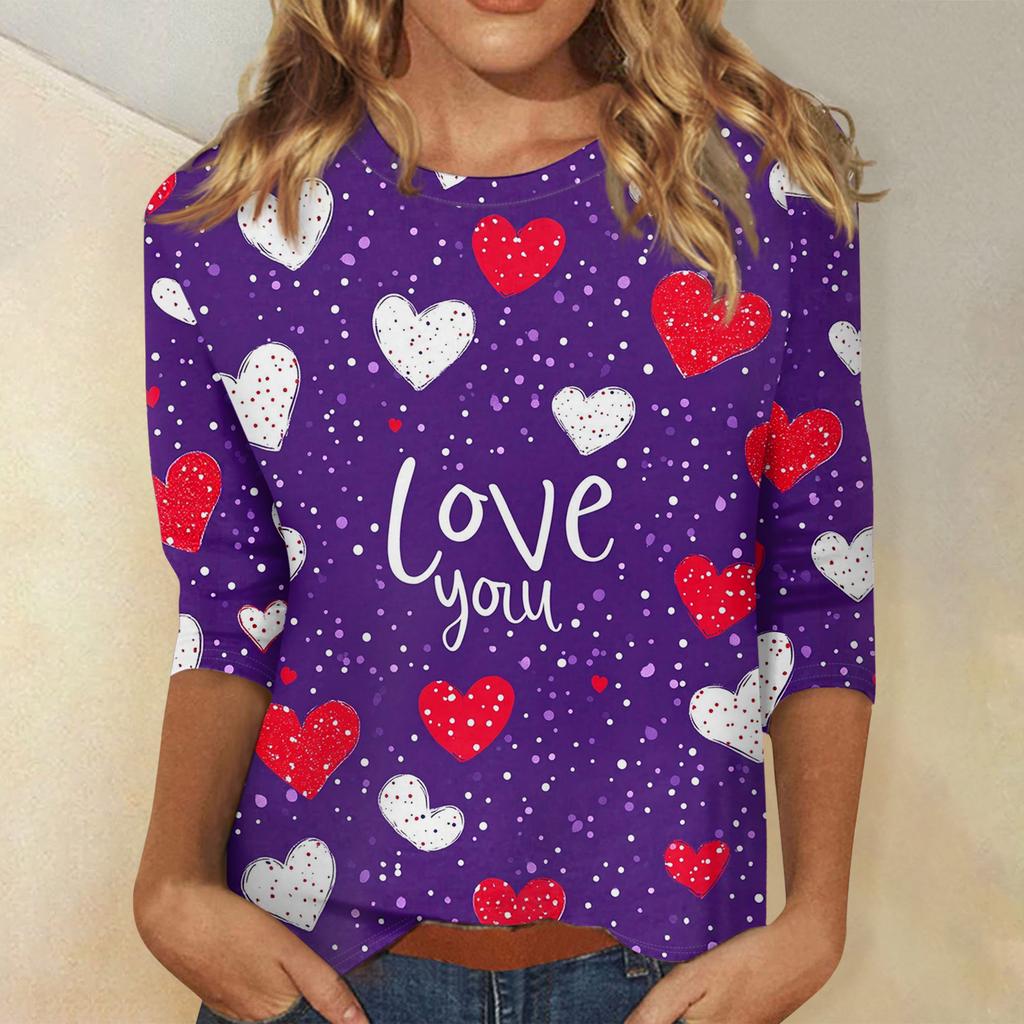 Women's Tops Three-quarter Sleeve Valentine's Day Shirt Round Neck Loose Casual Shirt