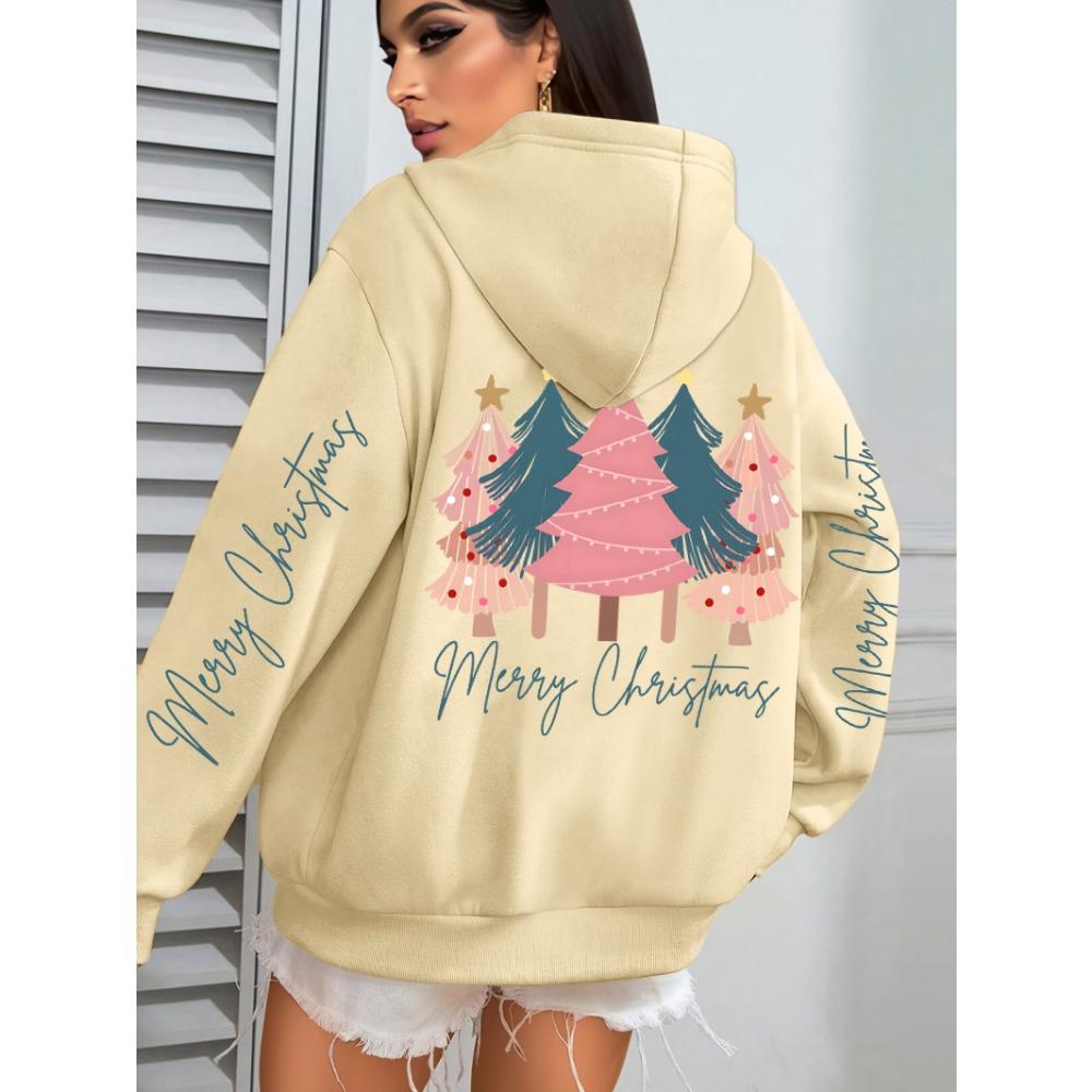 

Счастливого Рождества Принт Красивых Деревьев Женские Толстовки Свободного Кроя Толстовка На Все Случаи Жизни Y2K Карманная Одежда Осень Повседневная Уличная Одежда XL
