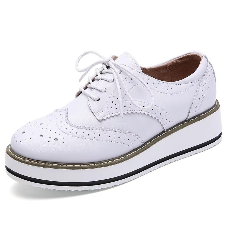 Women's Oxford Flats - Genuine Leather Wingtips Lace-Up Comfort Brogue Derby Patent Platform Casual Shoes for Spring Autumn