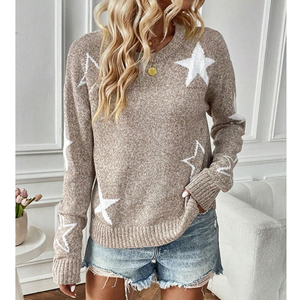 Women's Crew Neck Long Sleeve Star Jacquard Loose Fit Commuter Knit Sweater