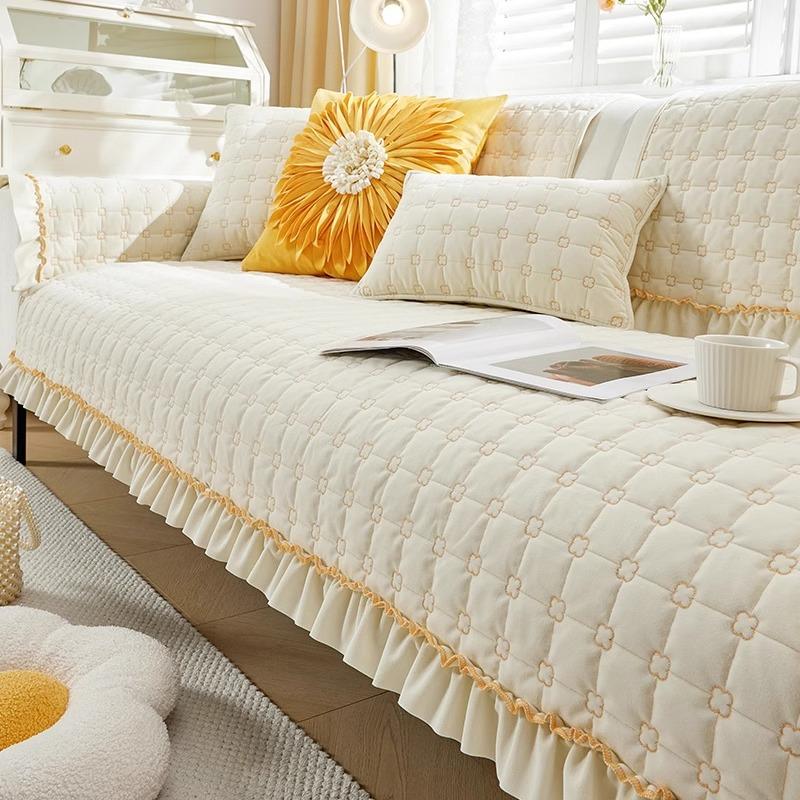 French Cream Style Sofa Cushion Four Seasons Universal Straight Row Plush Sofa Cover Cushion Anti-Slip Cover Cloth Winter