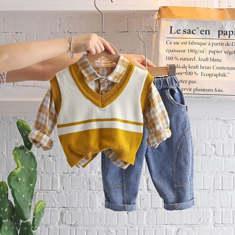 Boys Autumn Suit Handsome Baby Spring and Autumn Sweater Vest Three-piece Children's Suit Korean Version Loose and Comfortable Casual Suit