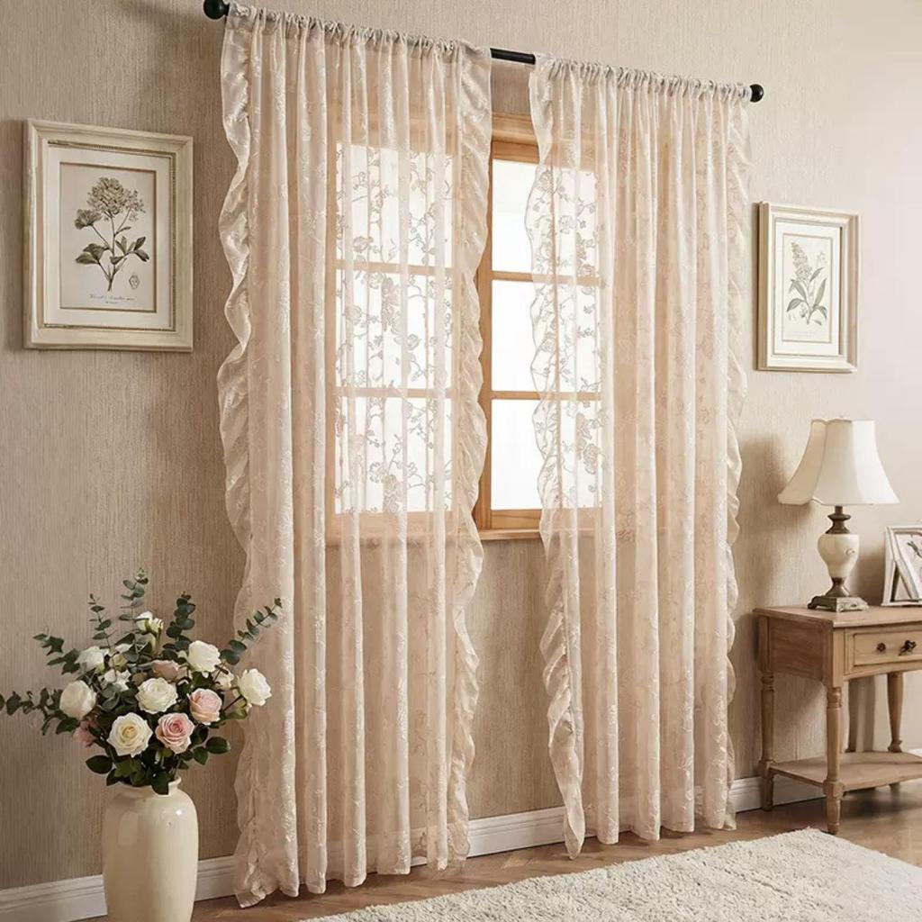 2026 Summer French-Style Solid Color Lace Curtains for Bedroom, Living Room, and Balcony with Floral and Ruffle Design