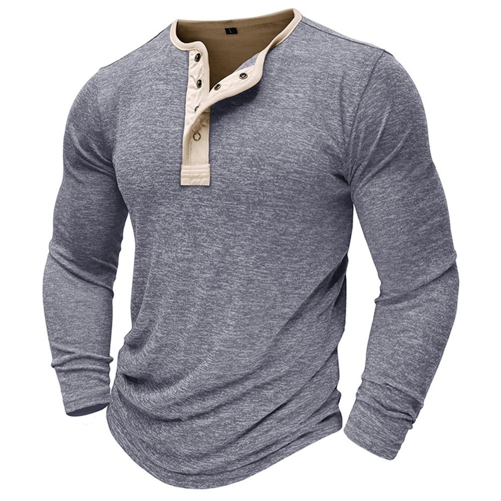 Herren-T-Shirt, einfarbig, langärmelig, Henley-T-Shirt, lässiger Pullover, lockere Oberteile, solide Bluse