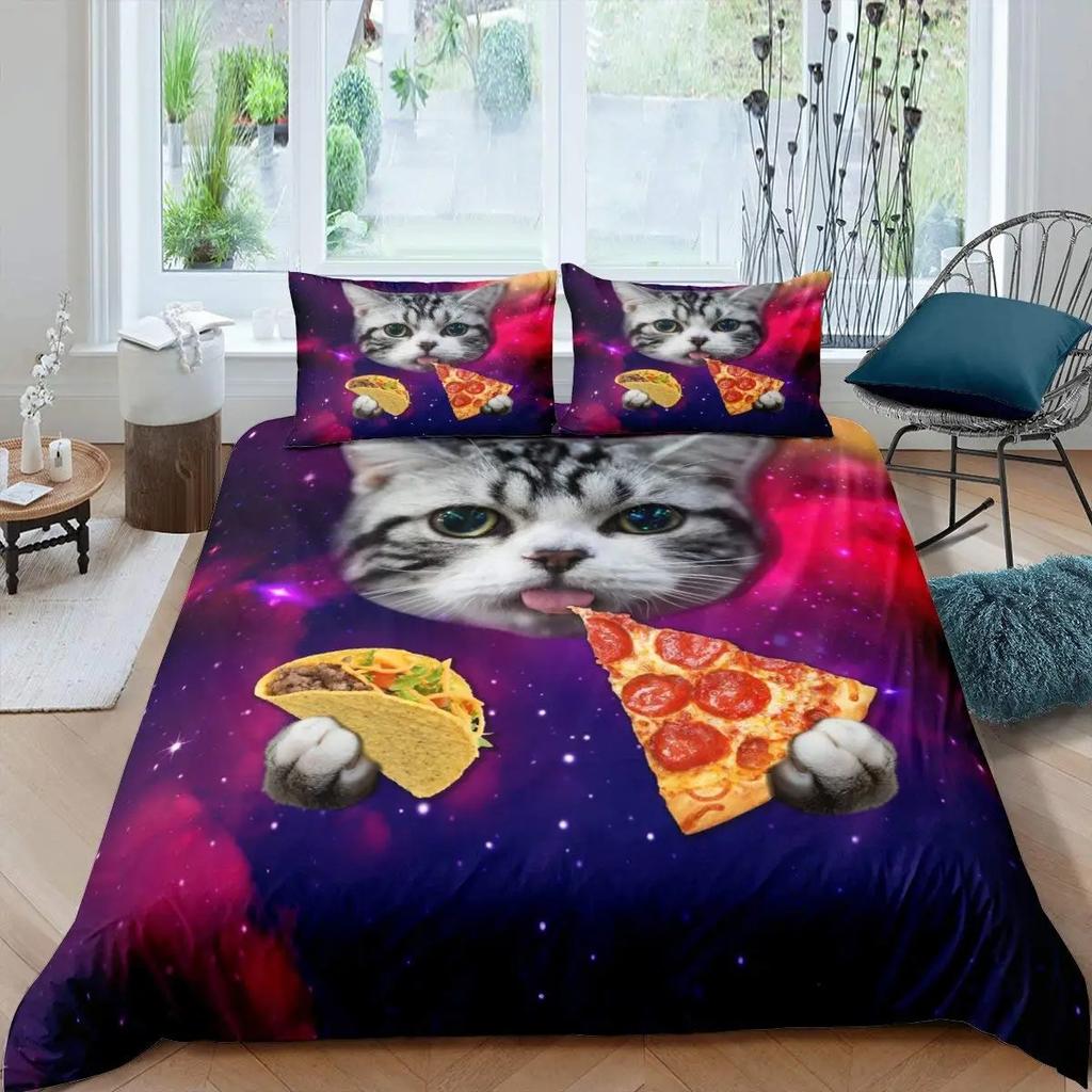 Galaxy Cat Duvet Cover Set Microfiber Universe Galaxy Bedding Set Cute Kitten Comforter Cover Outer Space Planets Quilt Cover
