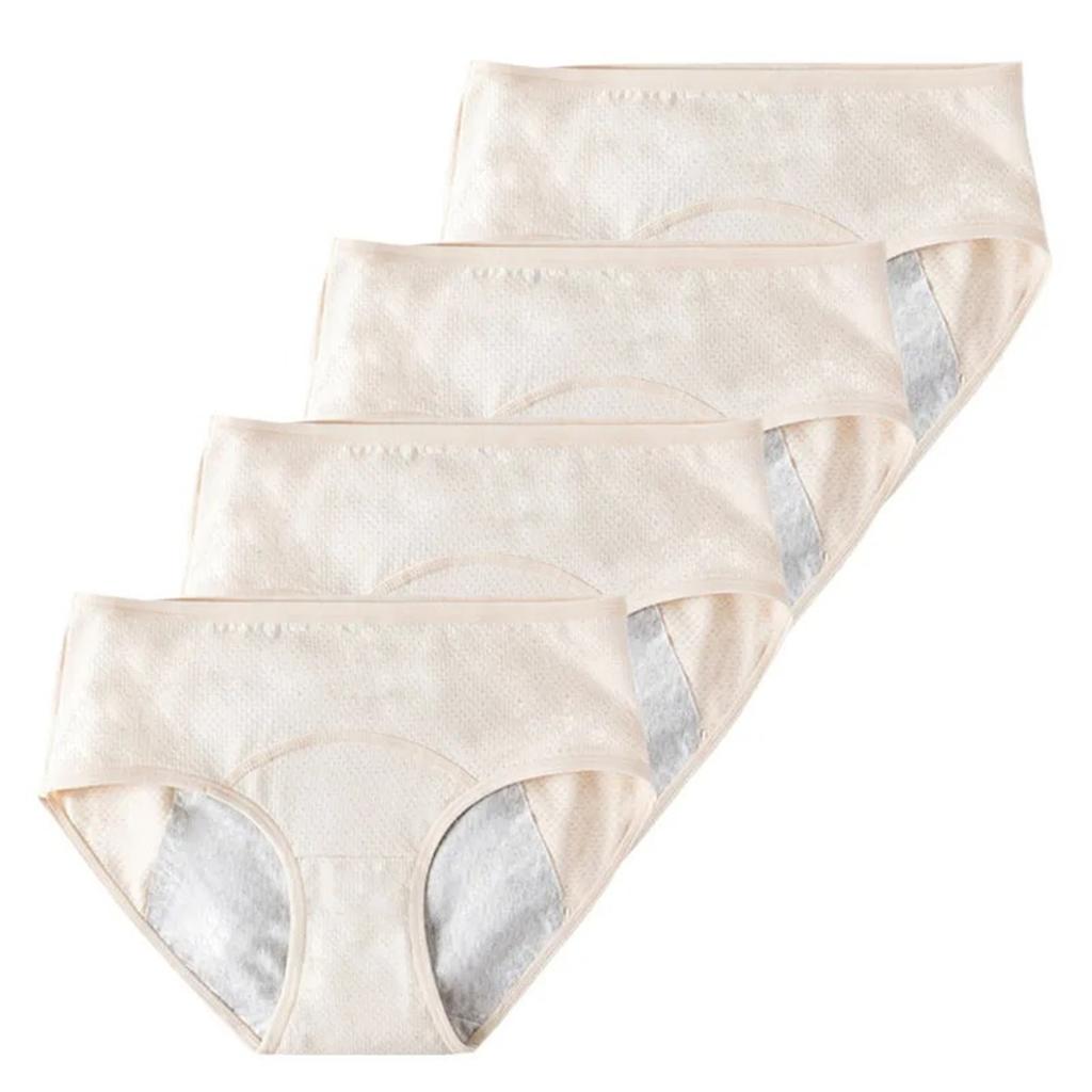 4 Pack Women's Cotton Leakproof Period Panties Middle Waist Comfortable Underwear Beige
