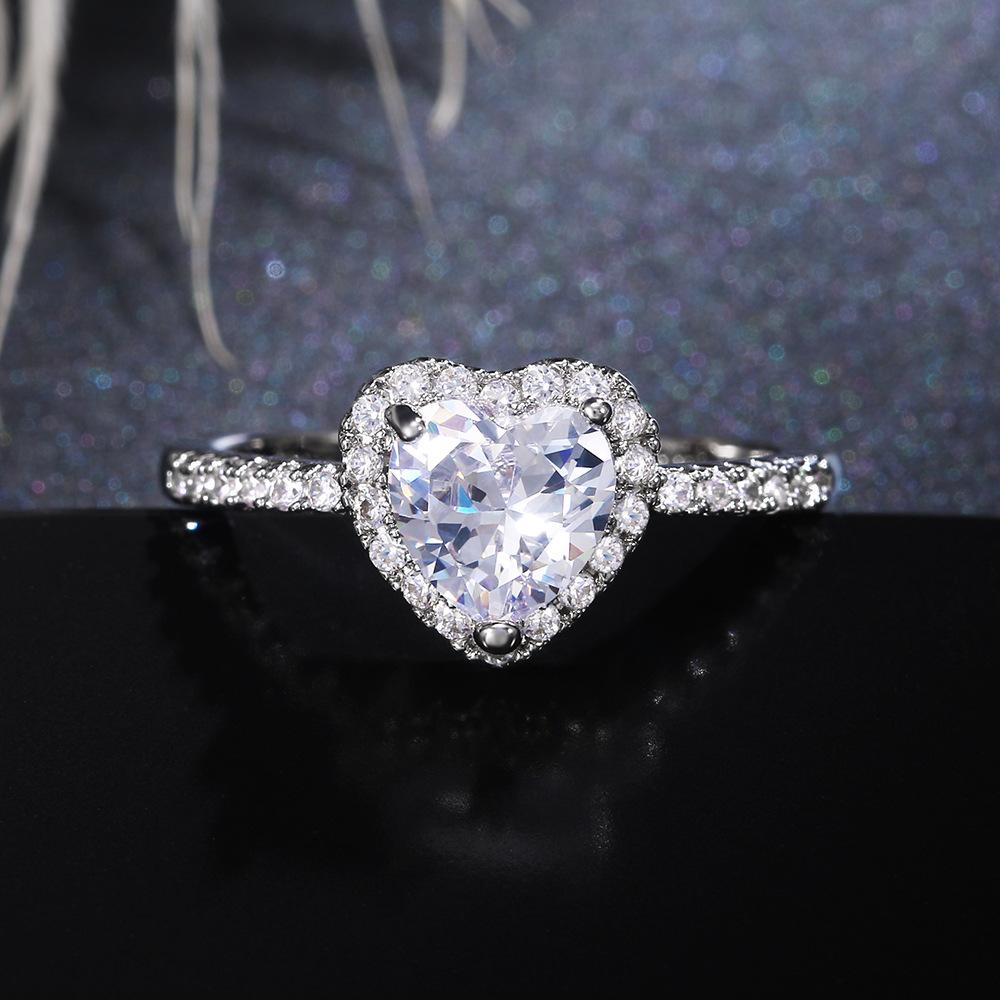 Peach Heart Ring Ladies, Love Shaped Zircon Diamond Set Copper Silver Plated Fashion Jewelry