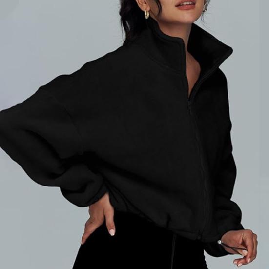 Women's Zip Drawstring Fleece Short Jacket Full Hem Stand Collar Warm