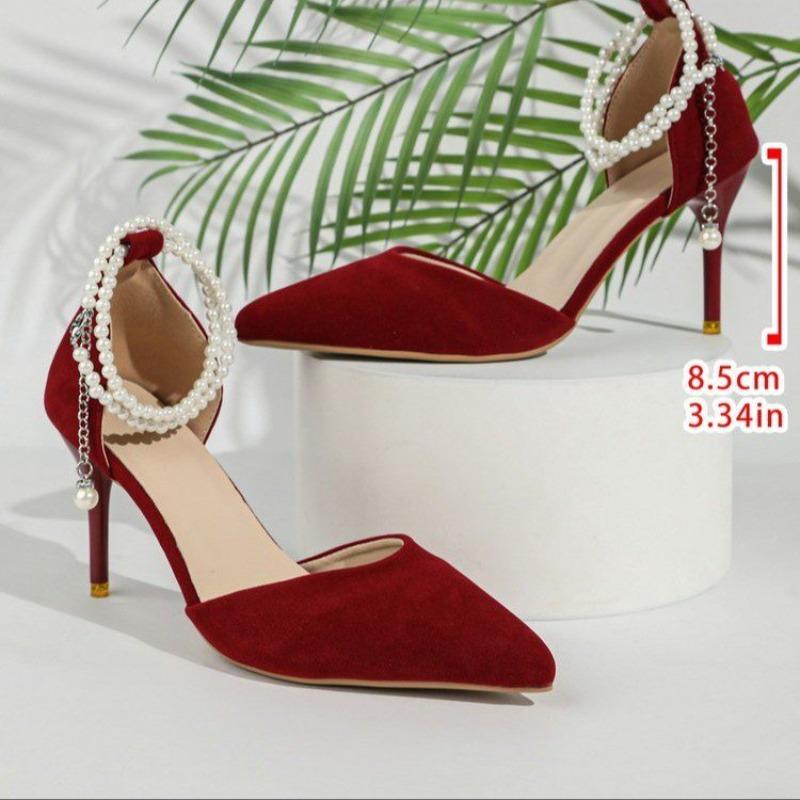 Summer New Pointed High-heeled  Sandals Shoes for Women, Red Suede Pearl Straight Buckle with Thin Heels Shoes Women