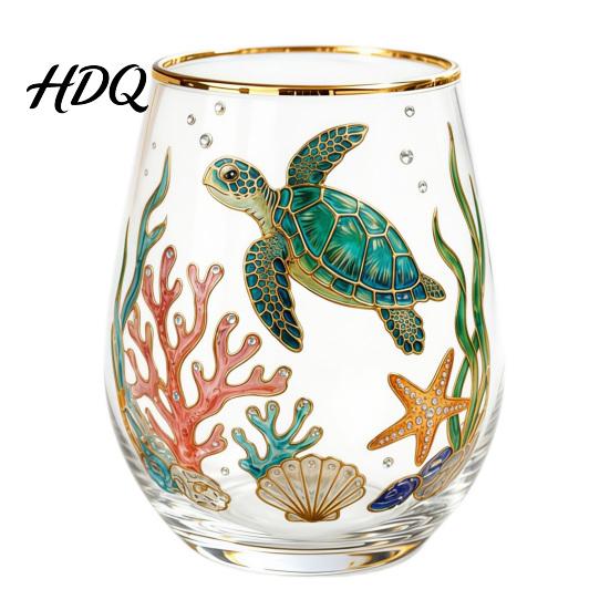Hand-painted Glass Cup Hand Painted Tumbler Egg Shaped with Gold Rim Clear