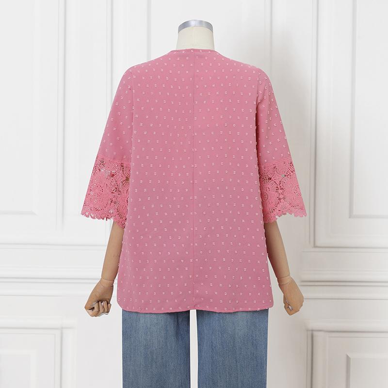 VONDA Women Casual V Neck 3/4 Sleeve Texture Lace Patchwork Blouse