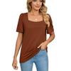 T-shirt d'été à manches courtes et col carré pour femme, couleur unie, ample