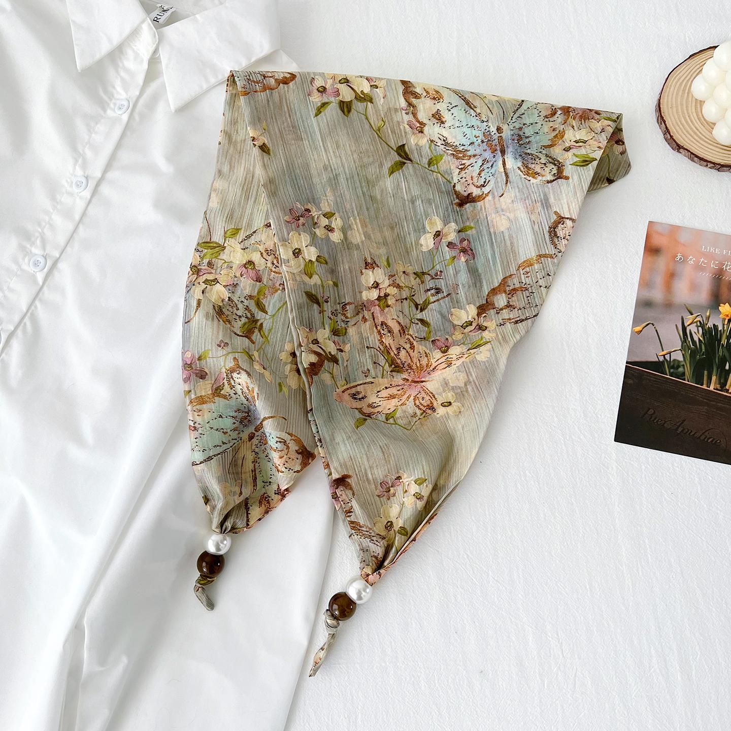 Women S Fresh Floral Triangular Scarf Summer Thin Sunscreen Neck Shawl 90cm