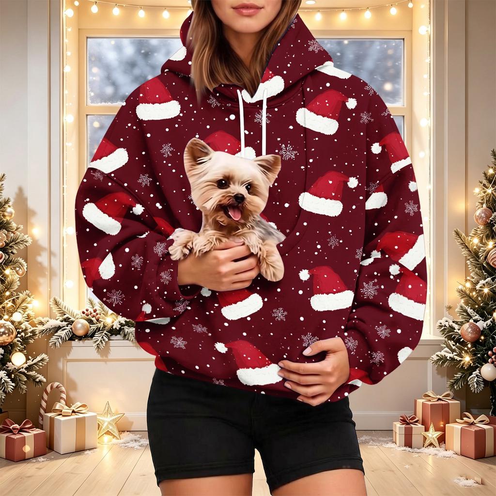 Women's Christmas Print Pet Pocket Hoodie, Fashion Hooded Sweatshirt for Holiday