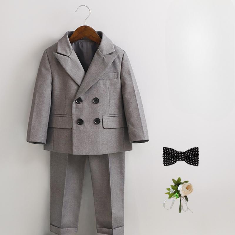 Boys Business Suit Spring Summer 2024 British Plaid Flower Child Wedding Outfits Gray Handsome Kids School Uniform Blazer Set