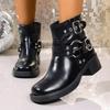 Studded Metal Buckle Platform Non-Slip Single Boots Women's Fashion Round Toe Sleeve Block Heel Booties