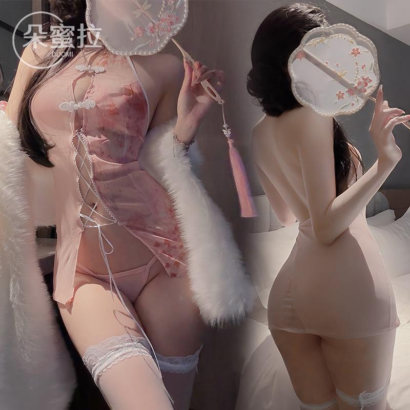 Oblique placket printed clear yarn cheongsam sexy lingerie cheongsam uniform antique Hanfu F