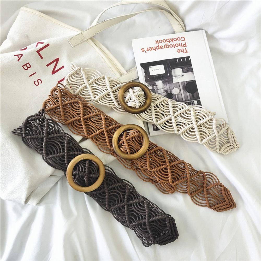 Wax Rope All-match Waist Rope Braided Belt Ethnic Style Belts Women Waist Chain Round Wooden Button