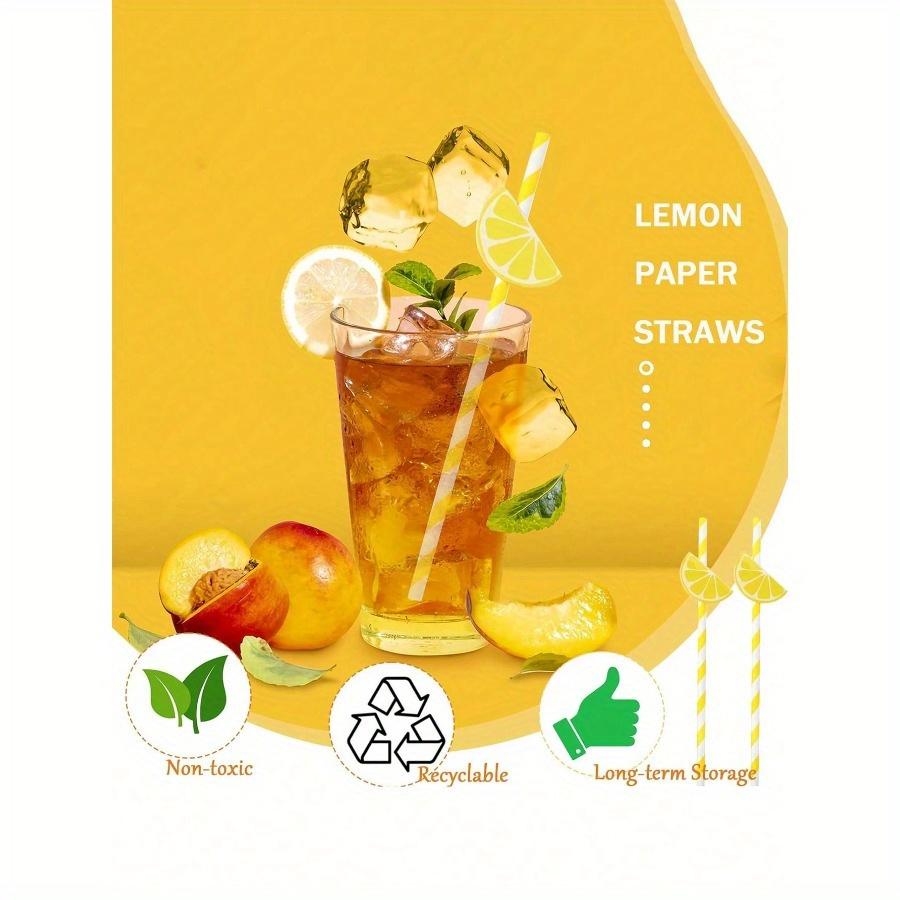 Lemon Paper Straws Disposable Cocktail Straws for Drinks Striped Straws, Individually Wrapped Plastic Straw with Lemon Shape