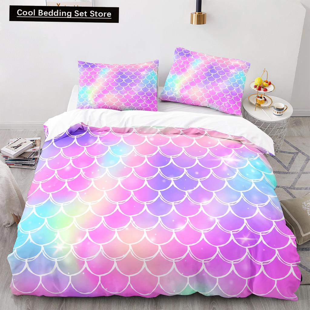 Mermaid Tail Duvet Cover King Queen Size Kids Fish Scales Bedding Set Girly Ocean Animal Princess 2/3pcs Polyester Quilt Cover