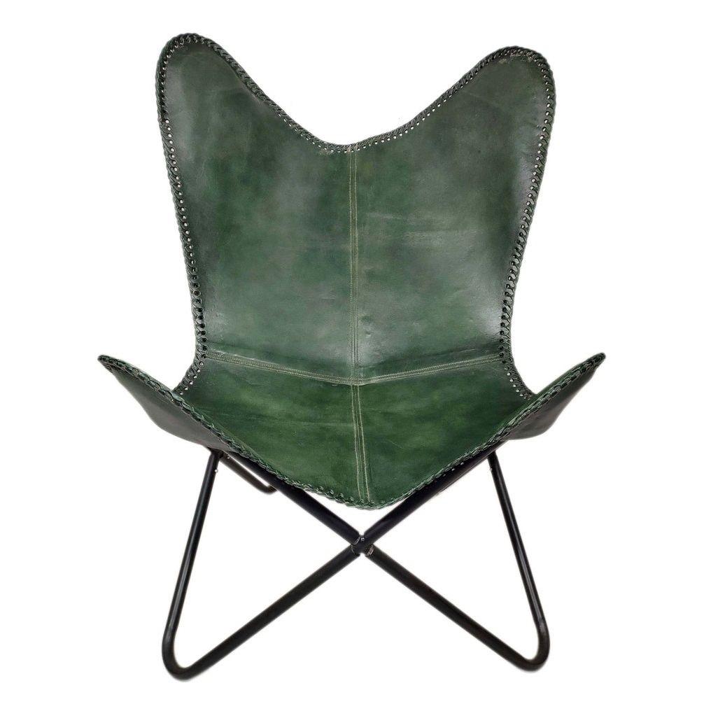 Green Leather Butterfly Chair with Black Stand - Genuine Buff Leather and Fully Comfortable Arm Rest Leather Chair