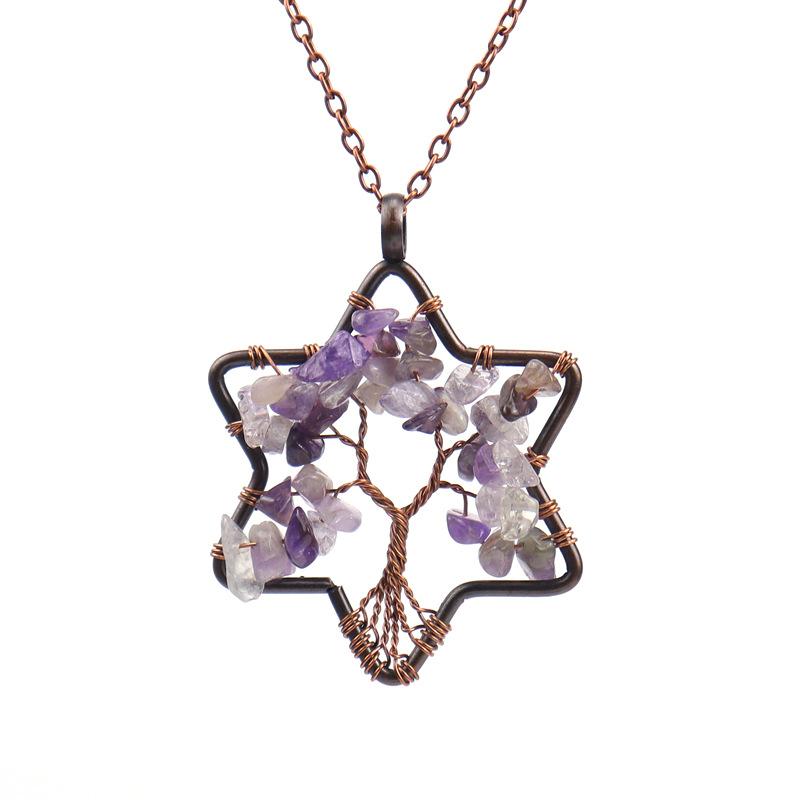 

Vintage Hand-Wound Natural Gravel Crystal Hexagram Loose Root Tree Of Life Necklace Women S Necklace N63 аметист