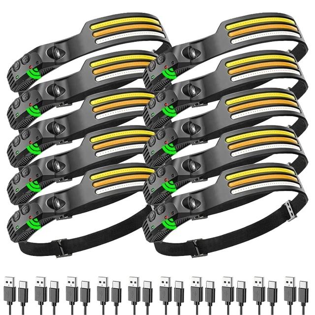 1-10Pcs Tricolor LED Sensor Headlamp Built-in Battery USB Rechargeable Head Flashlight Outdoor Camping Fishing Emergency Lamp