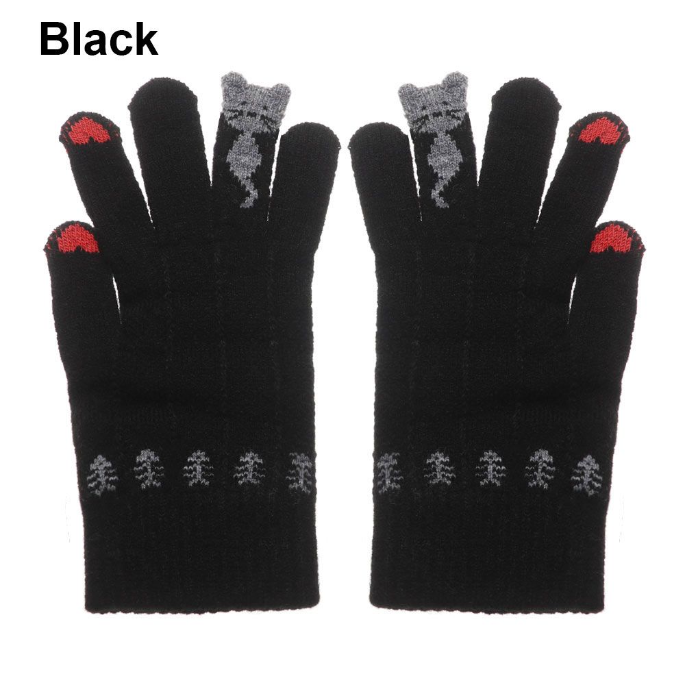 

Women Men Cute Elastic Cartoon Cats Thicken Warm Touch Screen Mittens Knitted Gloves Full Finger чорний