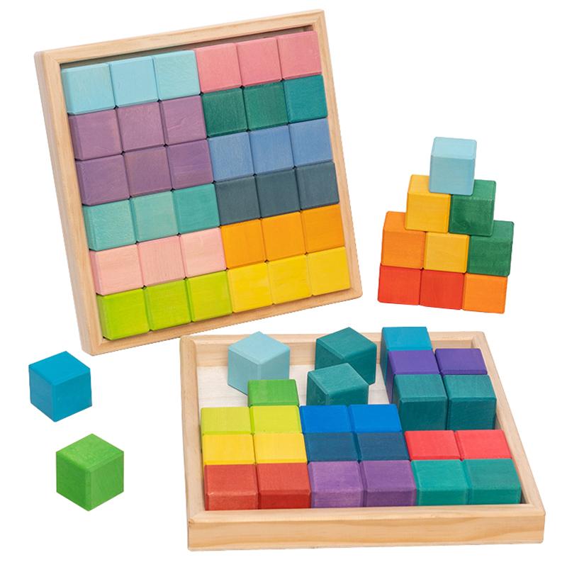 Interesting Toys Basswood Colorful Wooden Constructor Blocks Toy Mosaic Square Large Basic Blocks Baby Rainbow Montessori Education Stacking Game