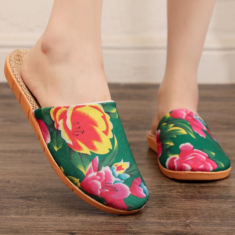 Women's Ethnic Peony Print Linen Half Slippers - Large Size