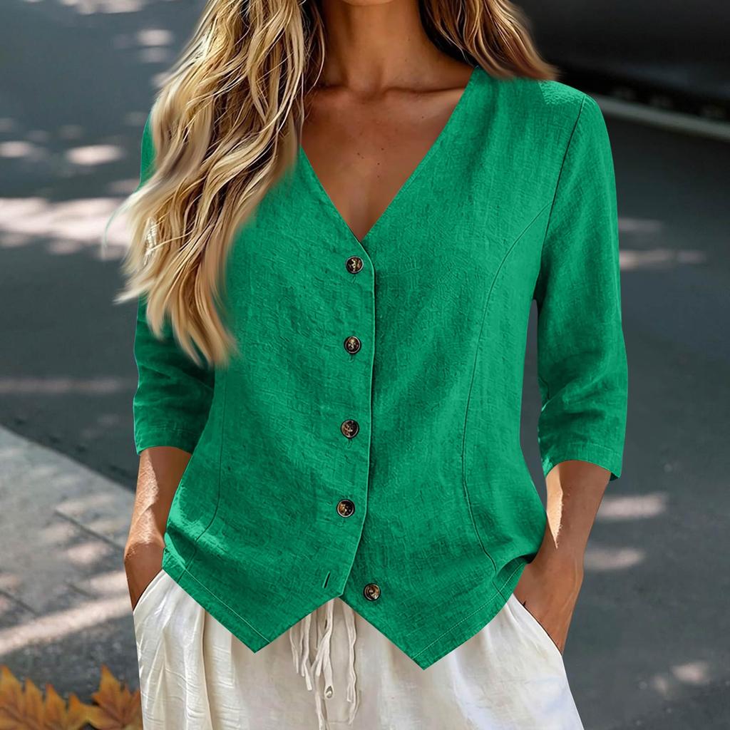 Women's Linen Shirt Button Front Three-Quarter Sleeve Casual Loose Fit Blouse Top