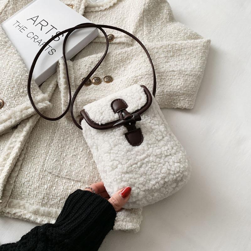 Fashion Mini Lamb Wool Small Square Bag Horn Toggle Button Design Portable Popular Plush Crossbody Bags Cute Mobile Phone Pack