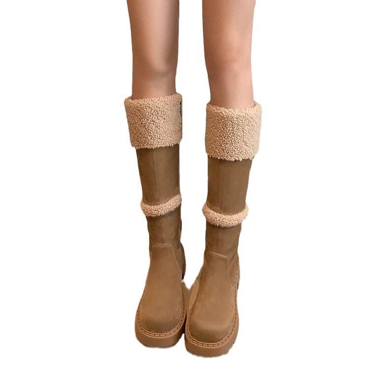 Vinterkängor i lammull för damer Vadderade Varma Tjock Sula Höga Rytarkängor Mode Bekväma Snökängor för Små Personer
