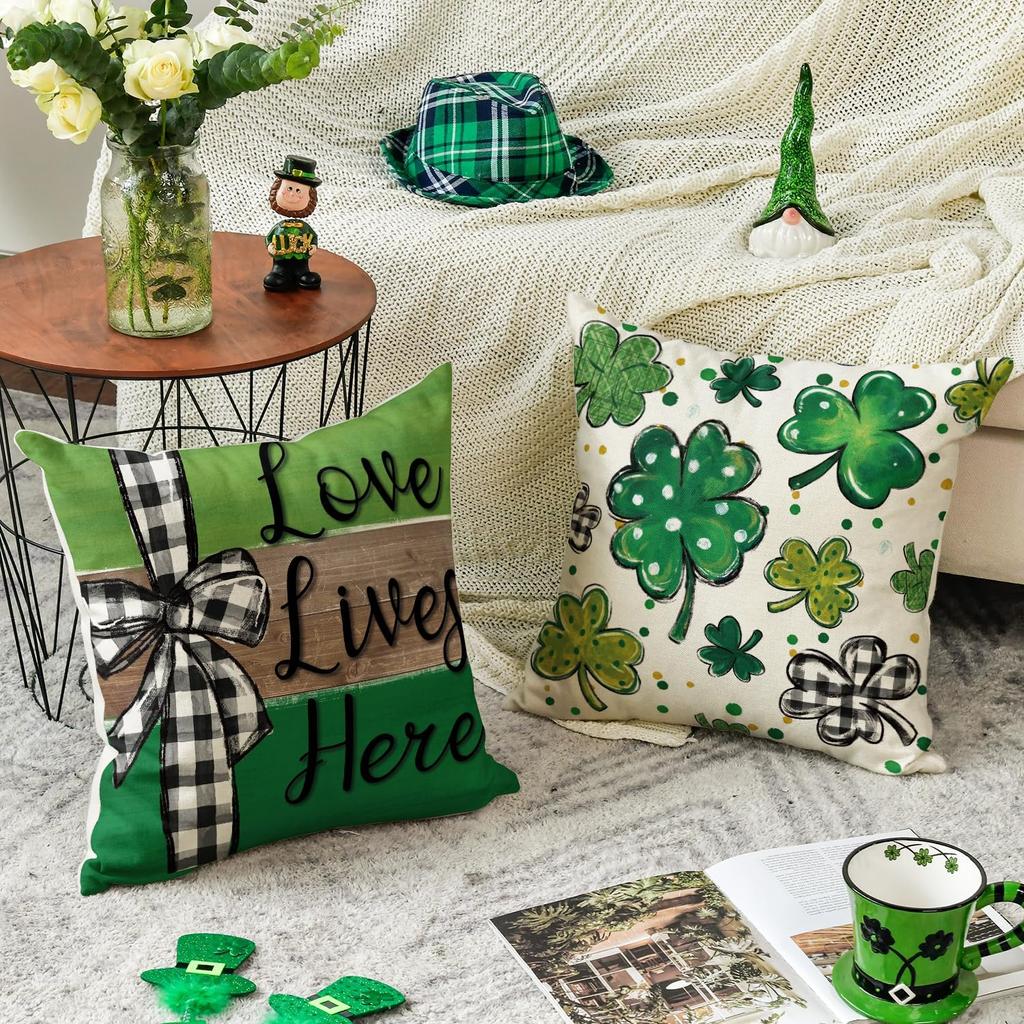 AVOIN colorlife ST Patricks Day Home Sweet Home Clover Throw Pillow Covers, 18 x 18 Inch Love Lives Here Buffalo Plaid Bow Tie Shamrock Decoration