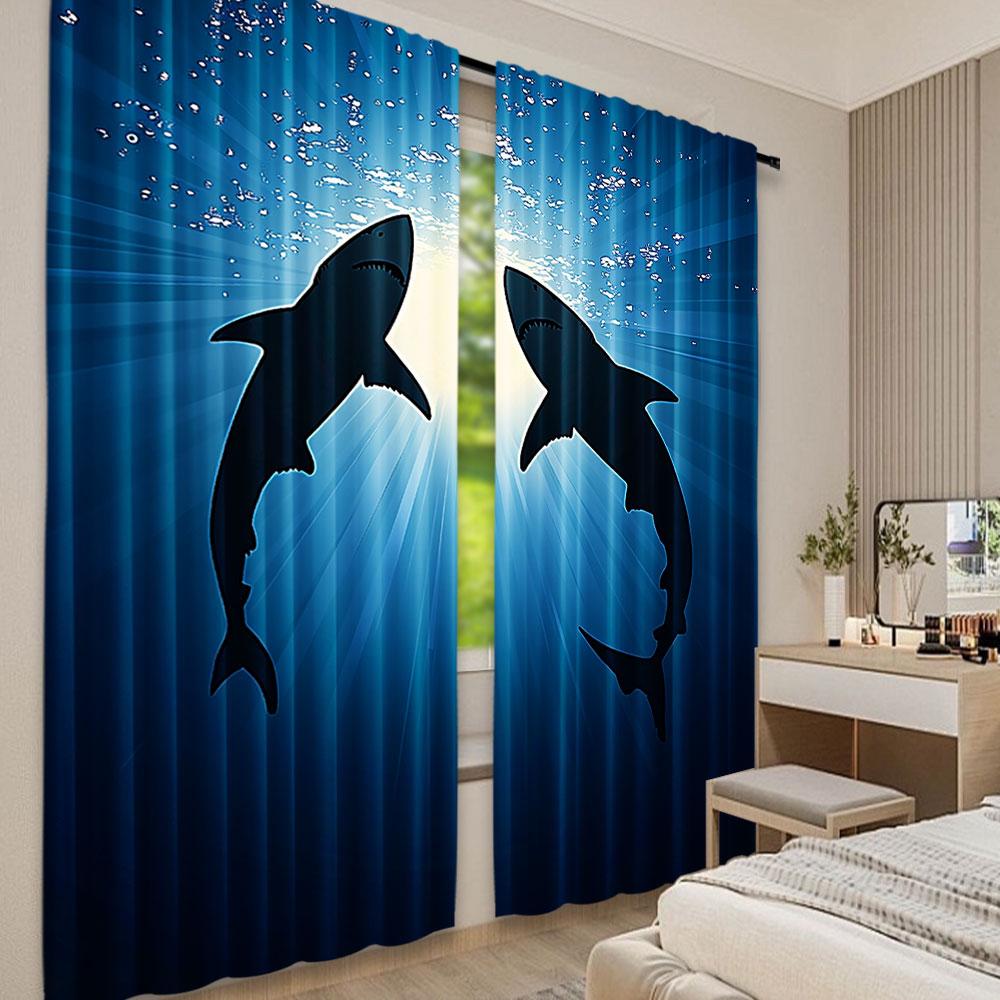 2Pcs Shark Curtains Silhouette Of The Fishes Swimming At Twilight Night Moon Mystic Sea Scenery Living Room Bedroom Window