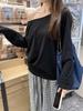 Gray Pure Cotton Off-Shoulder Long-Sleeve Women's T-Shirt - Loose Fit, Spring/Autumn Stylish and Sexy Top