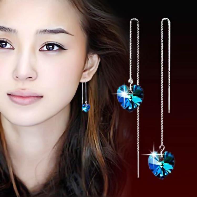 

925 Silver Crystal Ocean Heart Tassel Earrings