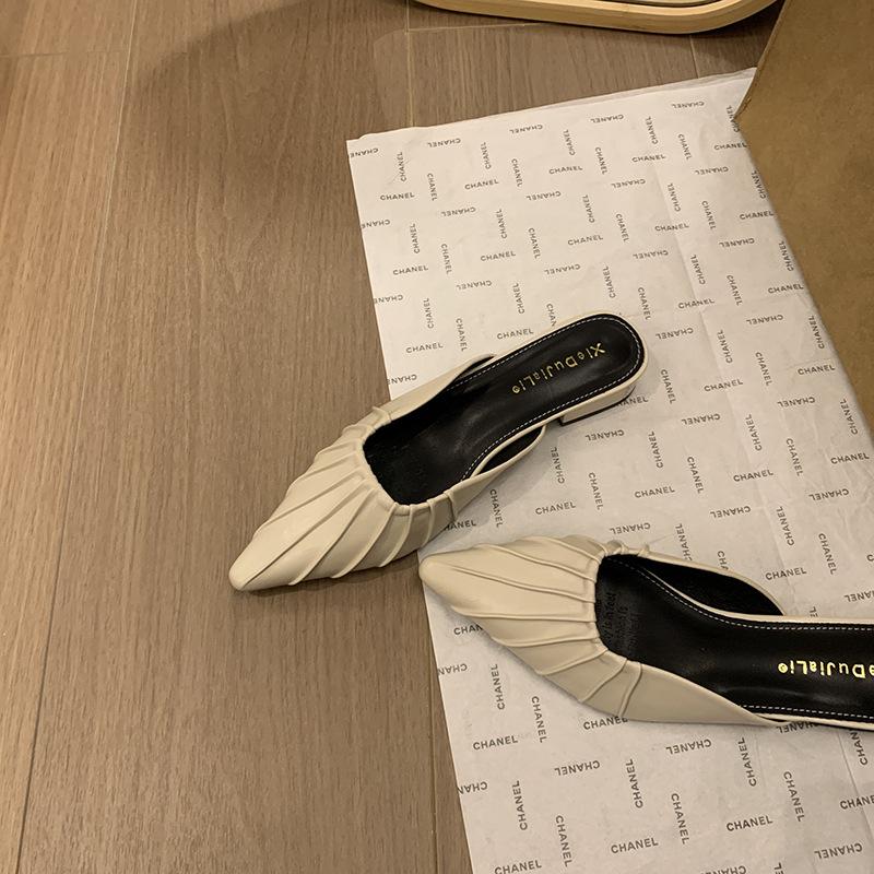 

Туфли Мюли 2025 лето новые на плоской подошве прохладные шлепанцы французский мешок на носке заостренный носок плоский каблук плиссированные полушлепанцы женская уличная обувь 40