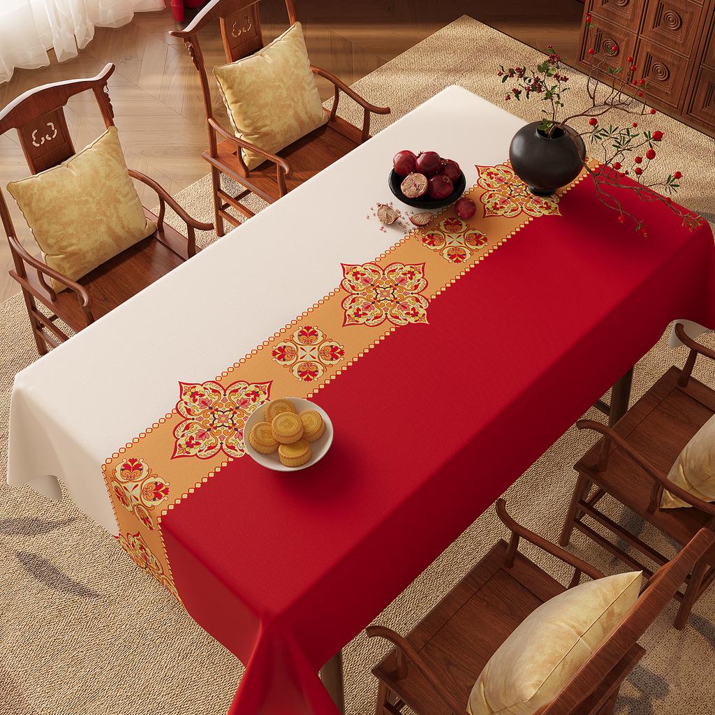 Red New Year'S Tablecloth Waterproof And OilProof LeaveIn Household HighEnd Festive Dining Table Cloth Coffee Table Tablecloth