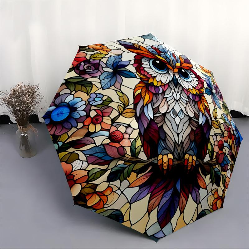 1pc Stained Glass Owl Automatic Folding Umbrella - 8-Rib Compact Travel Umbrella Durable & Portable for Outdoor Use, Perfect Gift for Birthdays150