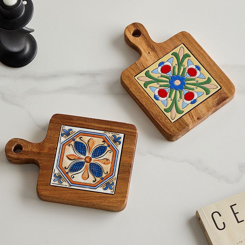 Japanese Solid Wood Floral Tile Heat-Resistant Kitchen Mat - Insulated Pot Holder, Retro Placemat, Casserole Mat, Coaster
