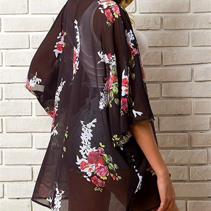 

2019 Summer Women Chiffon Floral Kimono Beach Cardigan Sheer D S